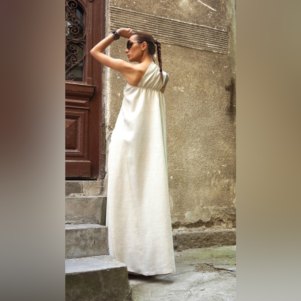 Aakasha One Shoulder Kaftan Linen Maxi Dress Beige - Picture 2 of 7